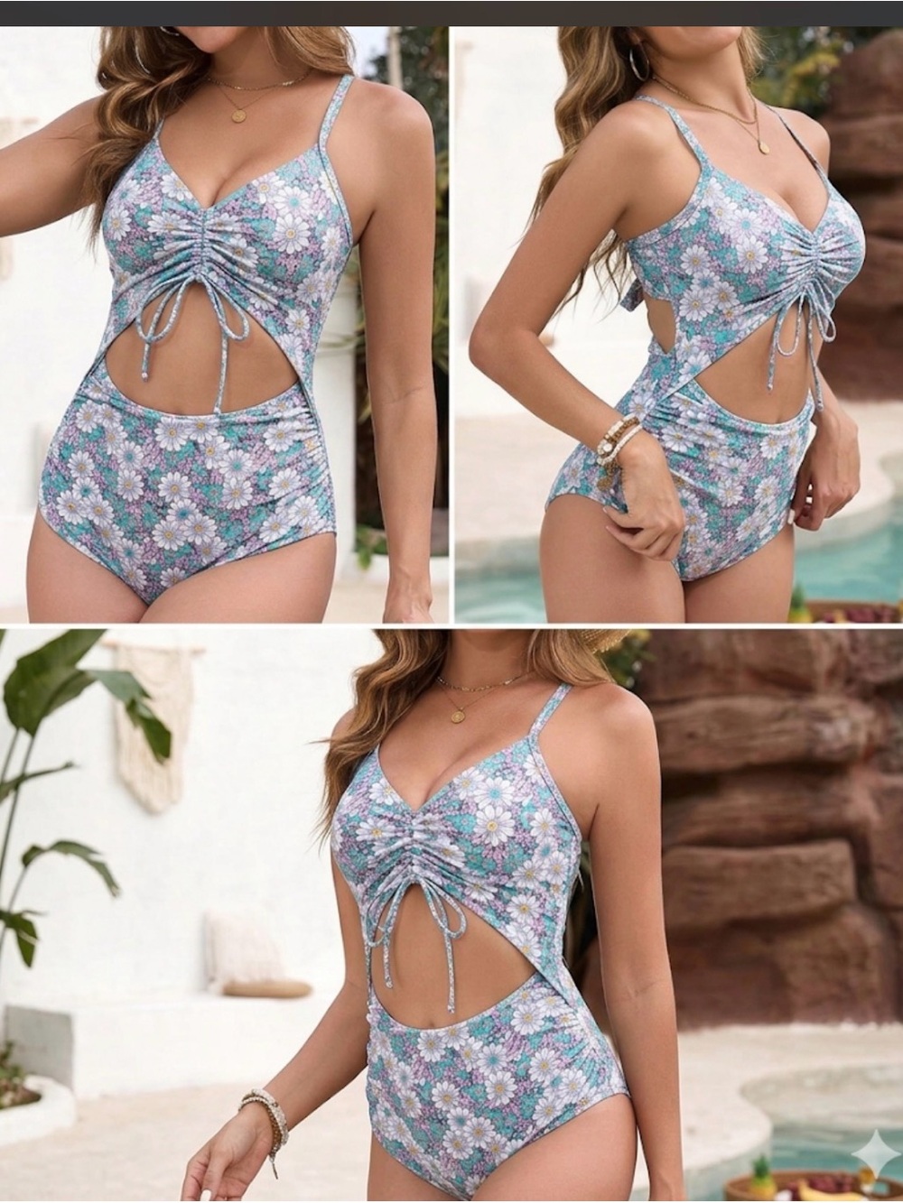 NWT-One Piece Swimsuit Tummy Control  Cutout Ruched Drawstring Bathing Suit